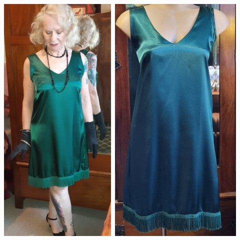 Flapper Dress, Satin Polyester, Forest Green, Handmade, size S-M