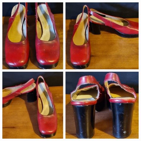 1970's, Leather sling back Platform shoes, Red, by 'Sandler', size 10.5