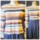 1970's, Striped 3/4 sleeve top, cream/caramel/black, polyester, size M