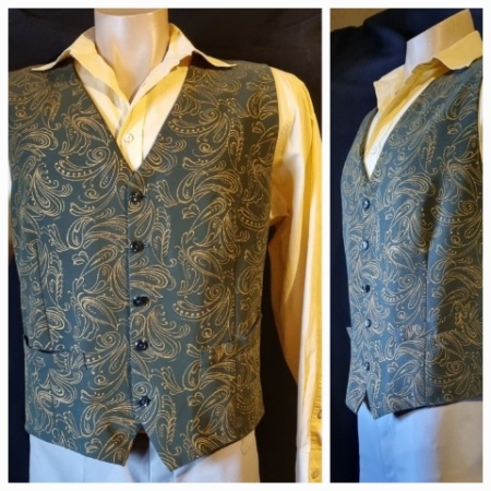 1970's, Waistcoat, Green/gold paisley, polyester satin, size XXXL