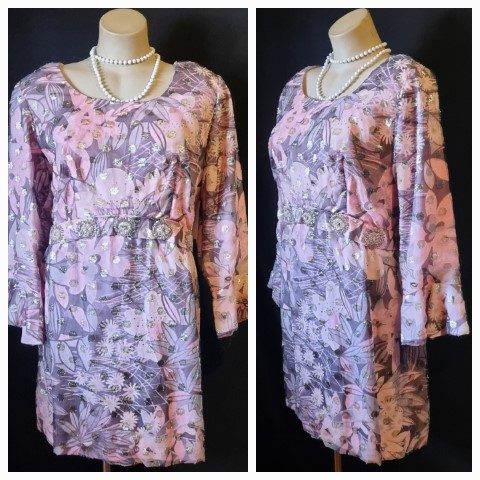 1970's, Disco Dress, Pink/gold Daisy Print, nylon, by 'Workers Union USA', size 16