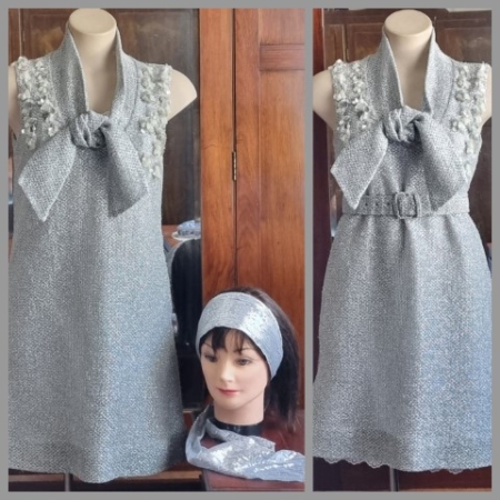 1970's Disco dress & headband, silver mesh, with petticoat, polyester, handmade, size 12