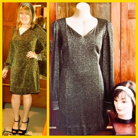 1970's Evening dress, Gold Lurex, polyester/satin, handmade, size 12