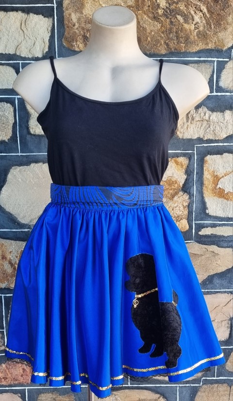 Full Circle Poodle Skirt, Mini length, Blue/black, polyester, handmade, size 8-10