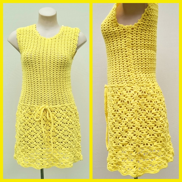 1960's Crocheted Mini Dress, Yellow, acrylic, handmade, size S