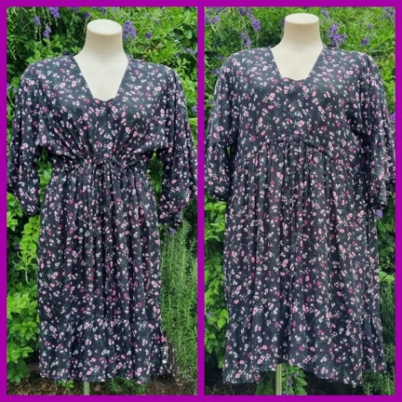 Summer Dress, 3/4 sleeves, Rayon, Black floral, Made in Indonesia, size 10-16