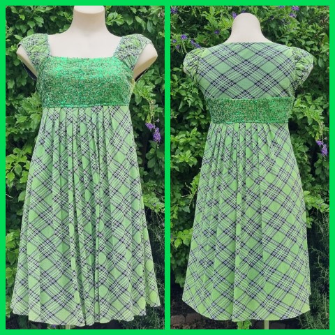 Princess Line, 60's inspired dress, Green Tartan, Nylon, by 'Basic Style', size S
