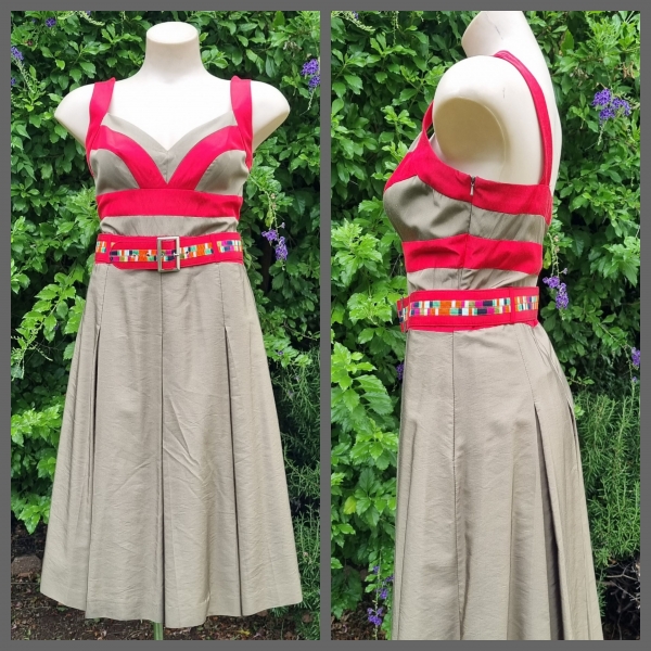 Sundress, 50's inspired, Silk/cotton, khaki/red, by 'Harry Who', size 12