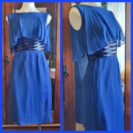 1960's Cocktail dress, Chiffon & sequins, Electric Blue, Size S, handmade