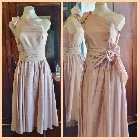 1960's Swing dress, Satin, almond, off shoulder, by 'Leon Haskin of Melbourne', size XS