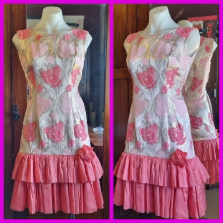 1960's Shift Dress, pink printed Damask Fabric, handmade, size S