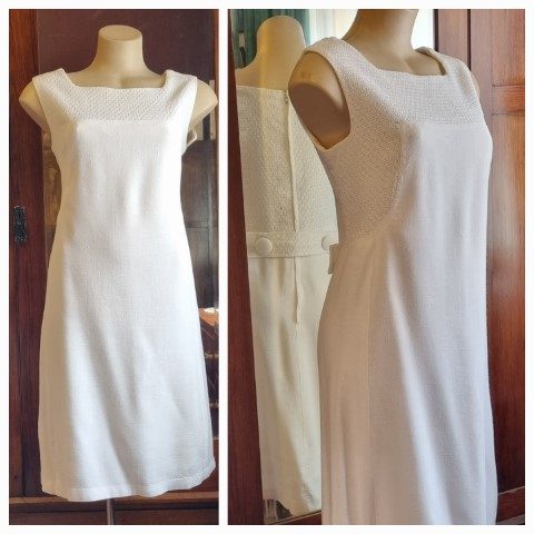 1960's Shift Dress, white, linen, by 'Vouge Paris Original', size 10-12
