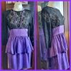 1980's Party Dress, Purple silk Peplum skirt, black lacey top, handmade, size 10