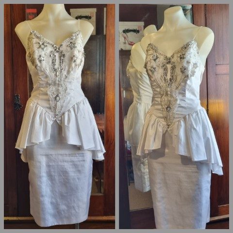 1980's, Taffeta Prom Dress with beaded trim, white, by 'Mr.Kay', size 12