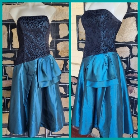 1980's Strapless Evening Dress, Teal satin/black lace, by 'Aurelle' size 10