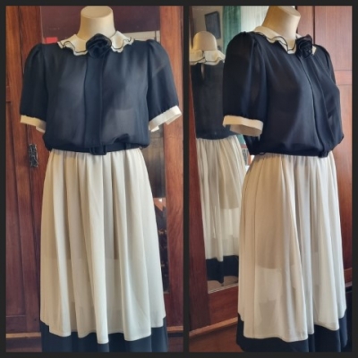 1980's, Georgette Blouson Dress, Black/Cream, by 'Stiches Plus Australia', size 12