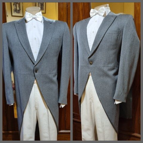 Vintage Morning Coat, Grey, Wool/polyester, by 'Dress Circle, Formal Wear, Australia', size L & bowtie.