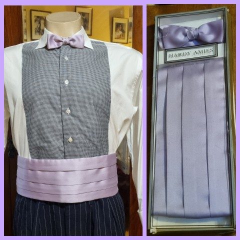 Vintage Cummerbund & Bow Tie set, Lavender, Polyester, by ‘Hardy Amies’ size S -XL’ , ‘new’