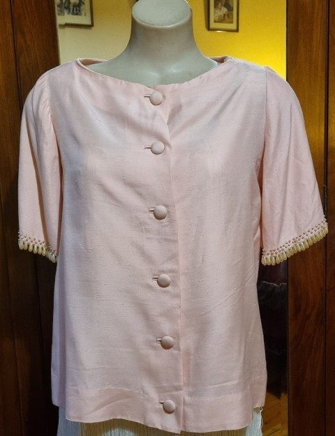 1960's Boat Neck Top, silk, pink, handmade, size M - Image 2