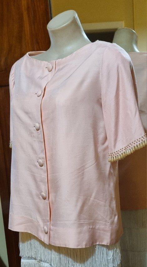 1960's Boat Neck Top, silk, pink, handmade, size M - Image 3