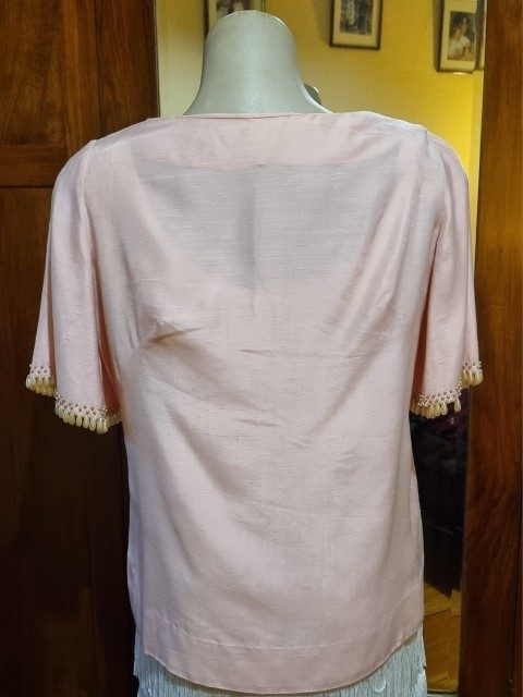 1960's Boat Neck Top, silk, pink, handmade, size M - Image 4