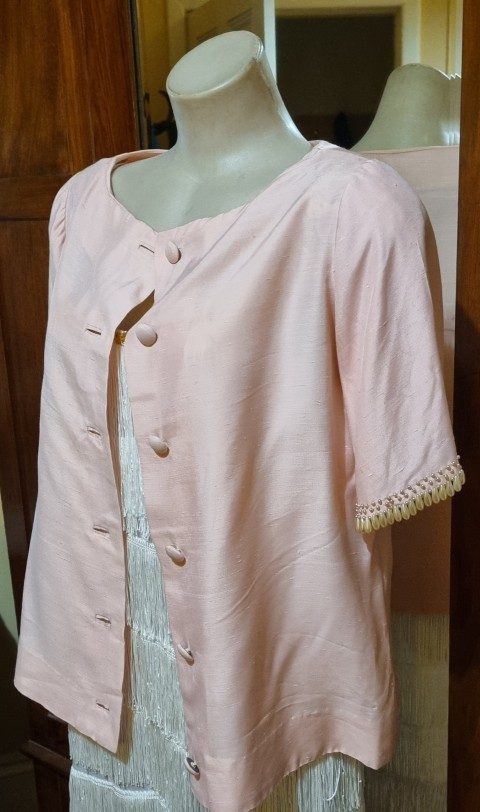 1960's Boat Neck Top, silk, pink, handmade, size M - Image 7