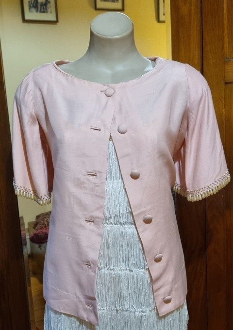 1960's Boat Neck Top, silk, pink, handmade, size M - Image 8