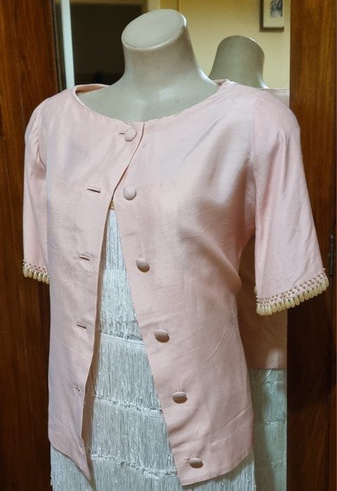 1960's Boat Neck Top, silk, pink, handmade, size M - Image 10