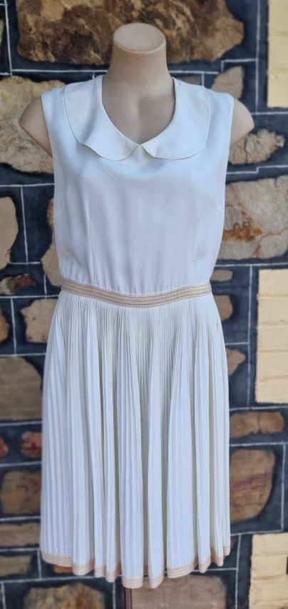 1960’s, Sun-ray pleat, day dress, Cream, polyester, by ‘David Stock Australia’, size S-M. - Image 4