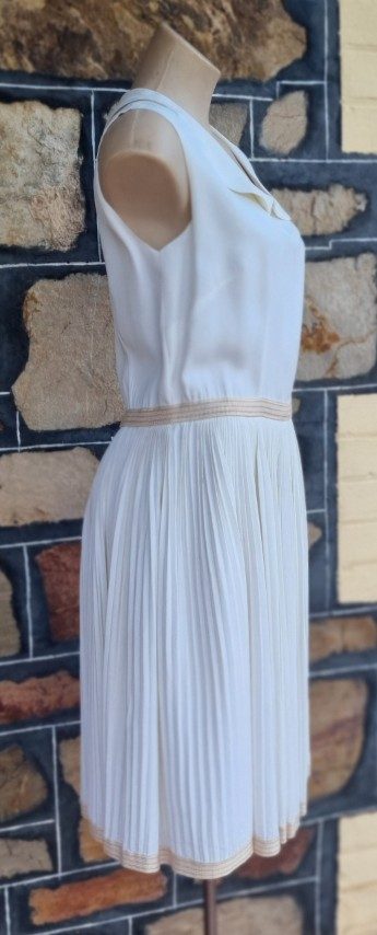 1960’s, Sun-ray pleat, day dress, Cream, polyester, by ‘David Stock Australia’, size S-M. - Image 5