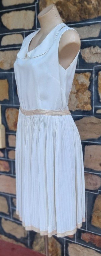 1960’s, Sun-ray pleat, day dress, Cream, polyester, by ‘David Stock Australia’, size S-M. - Image 7