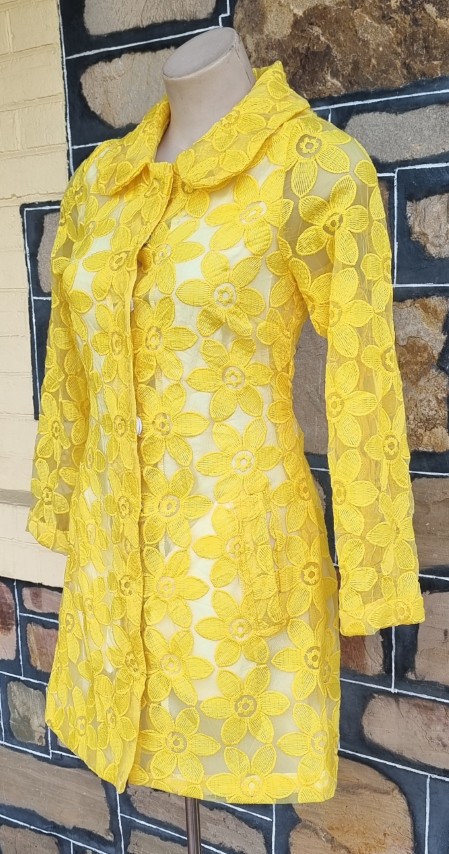 1960s Inspired Coat Dress, Yellow Daisy Appliqué, polyester, by 'Stella Australia', size XS-S - Image 3