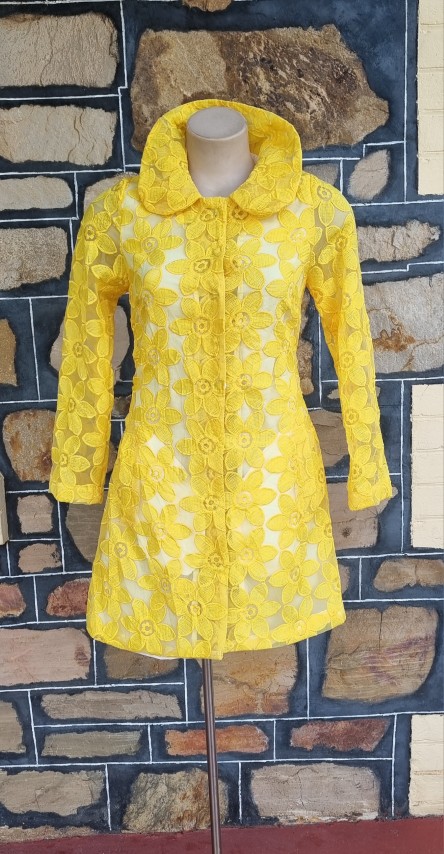 1960s Inspired Coat Dress, Yellow Daisy Appliqué, polyester, by 'Stella Australia', size XS-S - Image 6