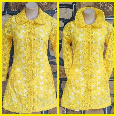 1960s Inspired Coat Dress, Yellow Daisy Appliqué, polyester, by 'Stella Australia', size 10-12