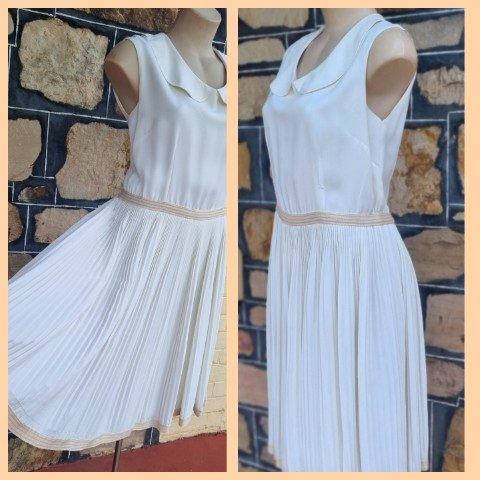 1960’s, Sun-ray pleat, day dress, Cream, polyester, by ‘David Stock Australia’, size S-M.