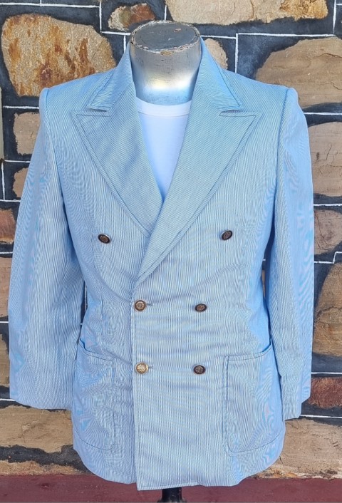 Vintage Jacket, Double Breasted, Blue pinstriped, cotton, 'Ah Chuk, Hong Kong', size M - Image 2