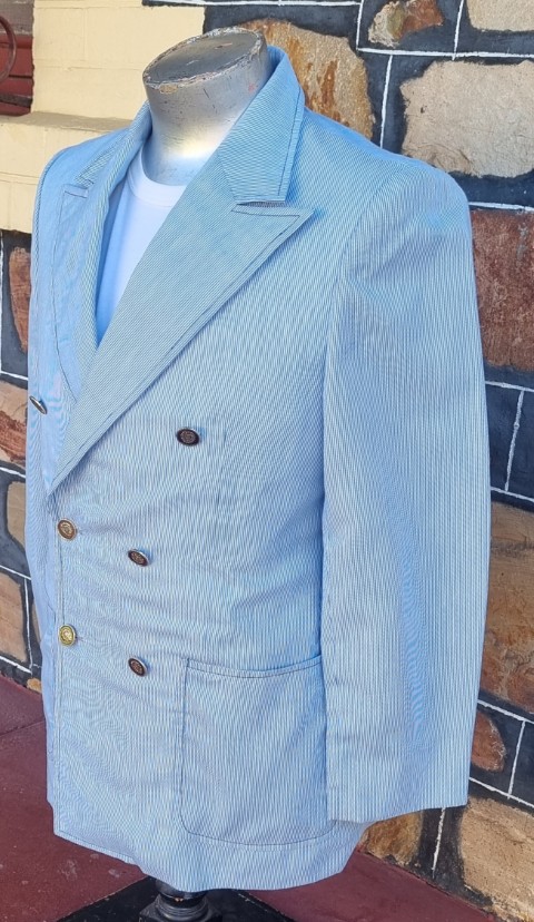 Vintage Jacket, Double Breasted, Blue pinstriped, cotton, 'Ah Chuk, Hong Kong', size M - Image 3