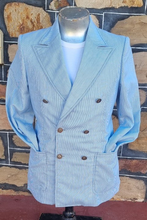 Vintage Jacket, Double Breasted, Blue pinstriped, cotton, 'Ah Chuk, Hong Kong', size M - Image 4