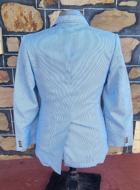 Vintage Jacket, Double Breasted, Blue pinstriped, cotton, 'Ah Chuk, Hong Kong', size M - Image 5