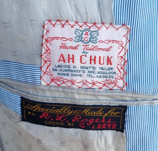Vintage Jacket, Double Breasted, Blue pinstriped, cotton, 'Ah Chuk, Hong Kong', size M - Image 7
