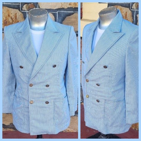 Vintage Jacket, Double Breasted, Blue pinstriped, cotton, 'Ah Chuk, Hong Kong', size M