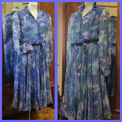 1970's Georgette Evening dress, blue floral print, polyester, by 'Janelle of Melbourne', size 14