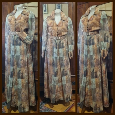 1970's Gown, Georgette, polyester, Autumnal Tones, by 'A Trois Creation', size M