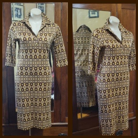 1970's Fitted midi dress, geometric Autumnal print, polyester, by 'Kiss Kiss Designs, Australia', size S