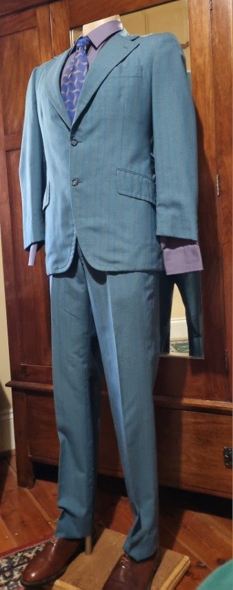 1970's Single Breasted Suit, Terylene, Blue Pinstriped, by 'Ernest Hiller, Australia', size M. - Image 3