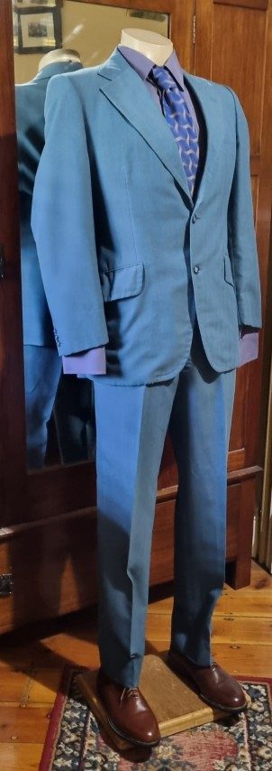 1970's Single Breasted Suit, Terylene, Blue Pinstriped, by 'Ernest Hiller, Australia', size M. - Image 6