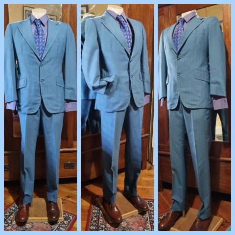 1960's Single Breasted Suit, Terylene, Blue Pinstriped, by 'Ernest Hiller, Australia', size M.