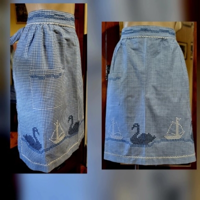 Vintage Cotton Apron, Blue Gingham, Handmade, size L-XL
