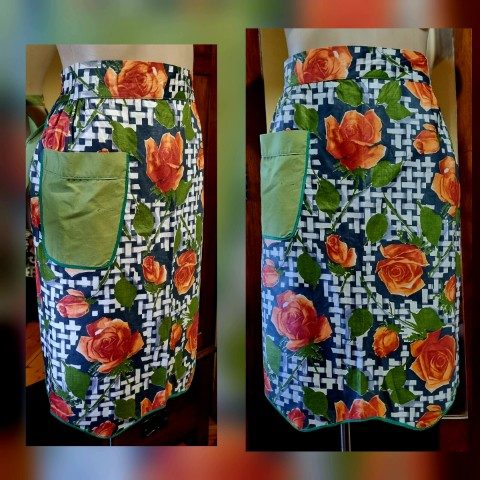 Vintage Polished Cotton Apron, green floral, handmade, size M-L