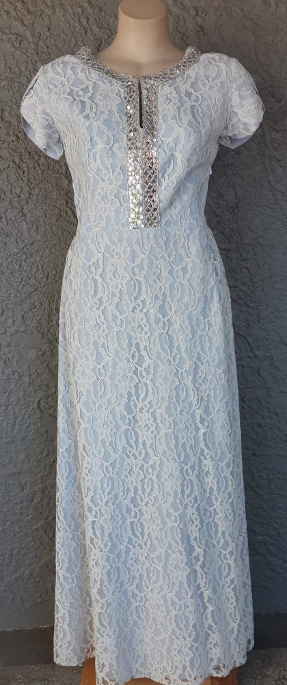 1950's, Evening Gown, light blue, satin & lace, handmade, USA, size 12. - Image 7